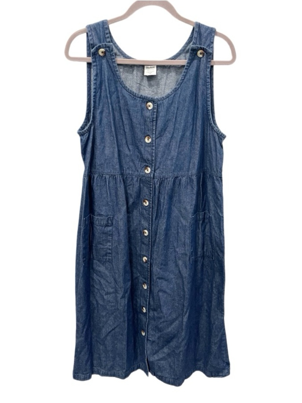 Vintage Denim Jumper Dress Size Medium Petite Button Front Midi Coastal‎ Grandma